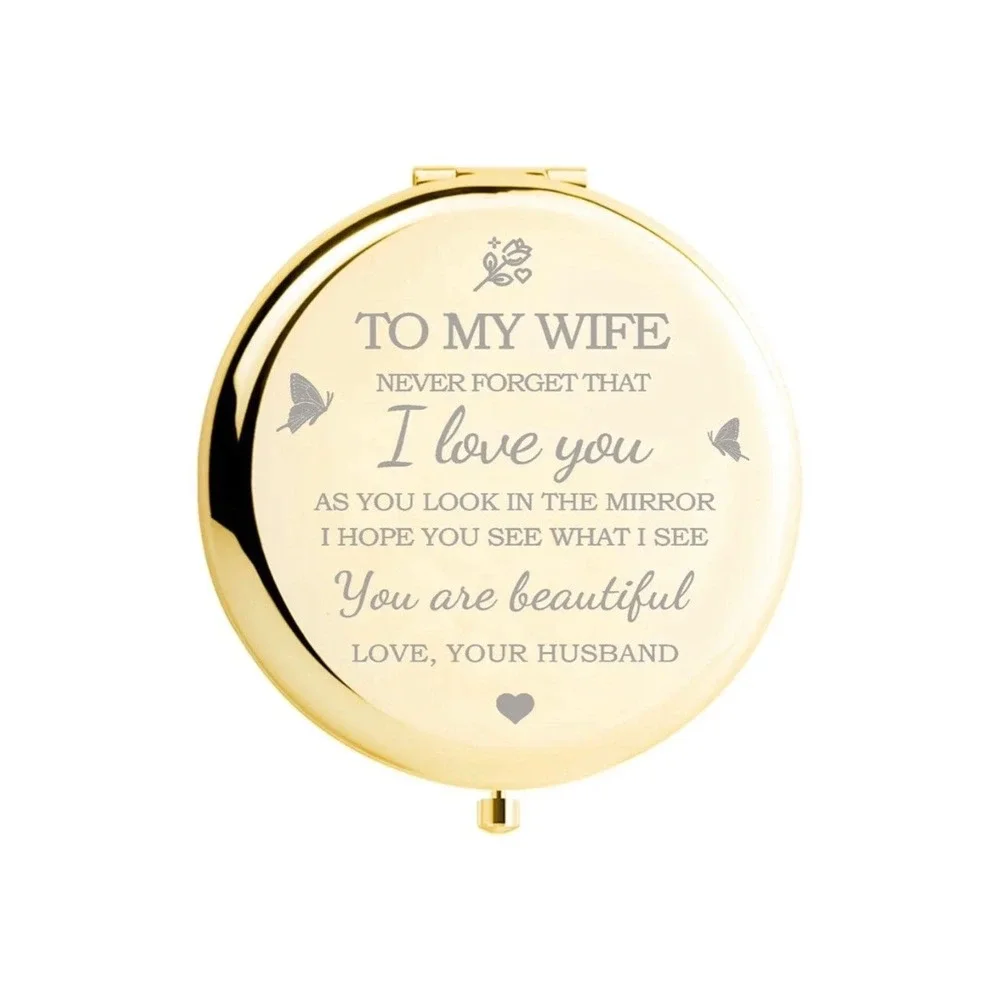 To My Wife Engraved Gold Compact Mirror Gift from Husband Anniversary Birthday